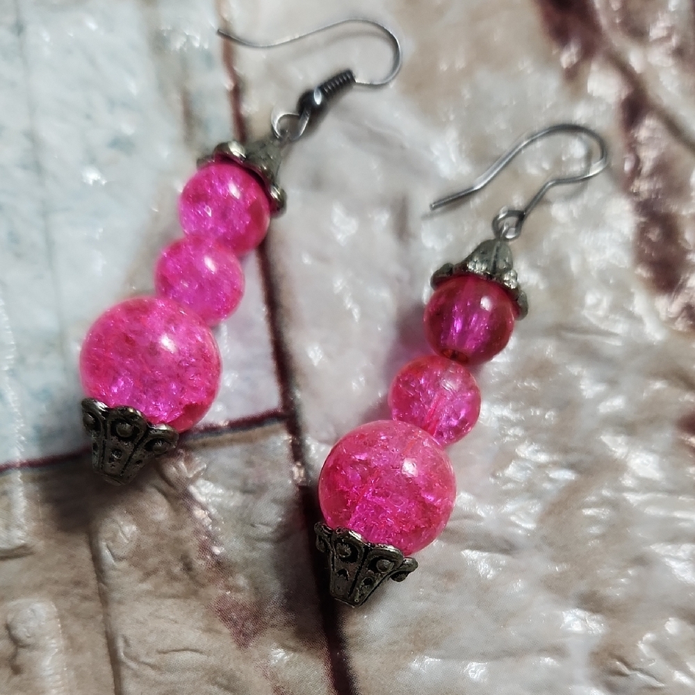 Dangle Pink and Silver Earrings with Textured Beads